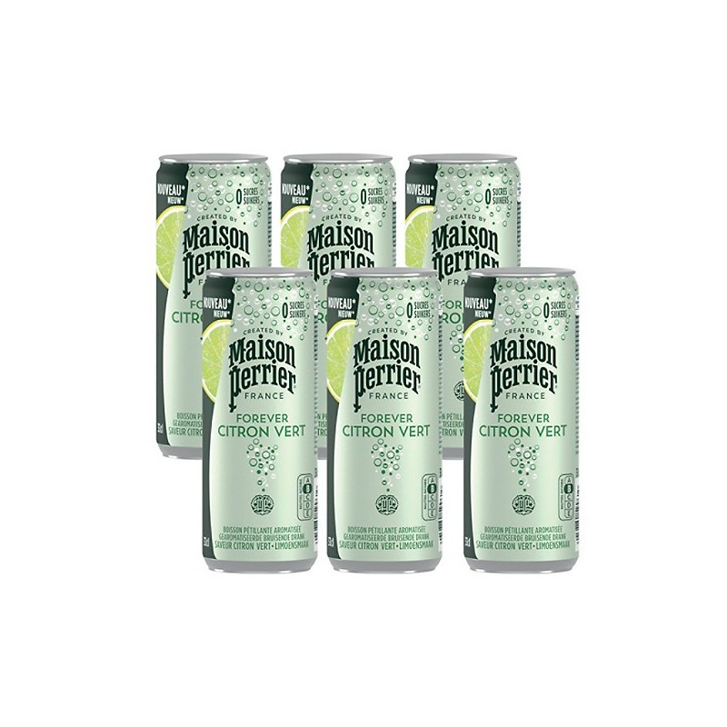 Maison Perrier Eau minérale naturelle gazeuse saveur citron vert sans sucre - Lot 6 canettes slim 33 cl